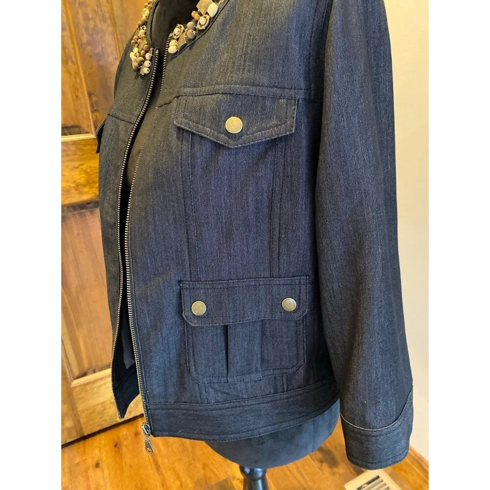 Ruby Rd. Jacket Womens Light Denim‎  Size 14 P Embellished Neckline Zipper Front